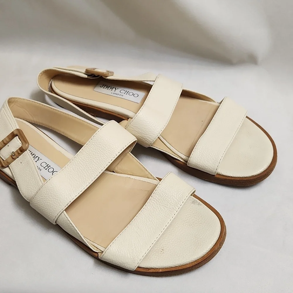 Jimmy Choo London Open Toe Leather Elegant Cream Sandals (w size 39.5) - Picture 9 of 14